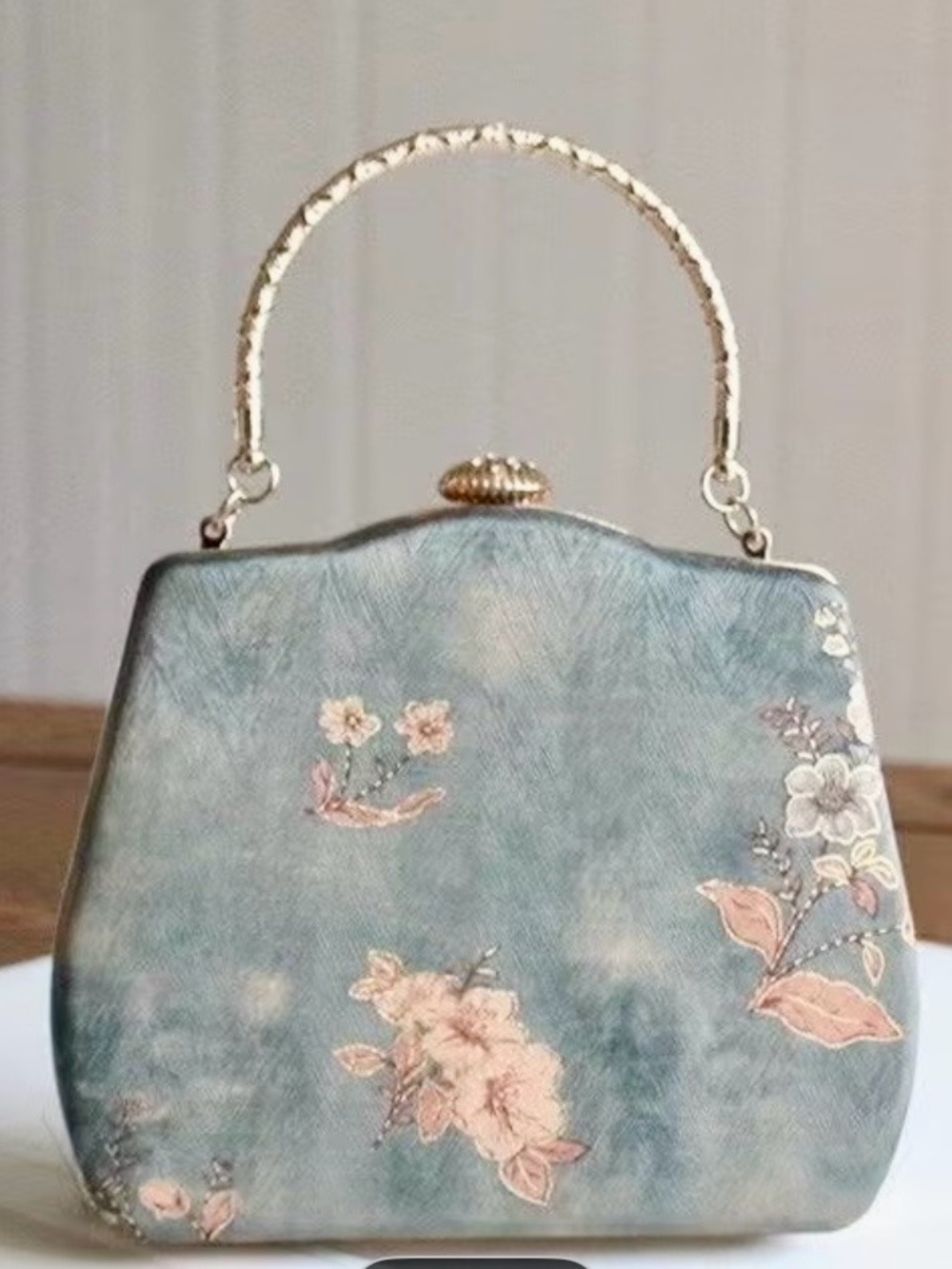 Vintage Inspired Blue Floral Embroidered Top-Handle or Chain Clutch NWOT